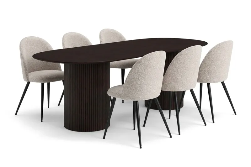 Kopparbo-ruokailuryhmä, soikea 220 cm, ja 6 Nibe Plus -ruokatuolia, Savutammi