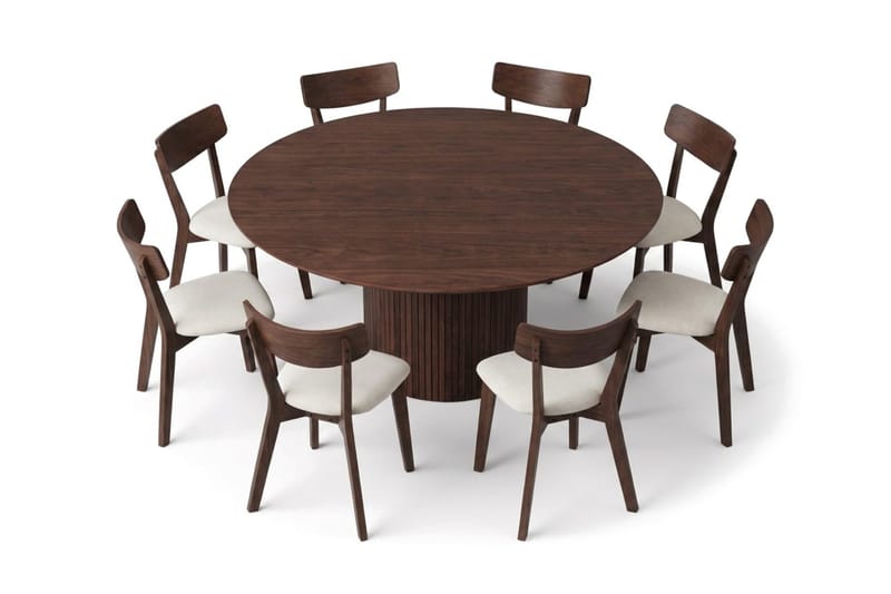 Kopparbo-ruokailuryhmä, pyöreä 180 cm:n pähkinänvärinen pöytä ja 8 pehmustettua Amelia-ruokapöydän tuolia - Pähkinä/Beige - Huonekalut - Pöytä & ruokailuryhmä - Ruokailuryhmä