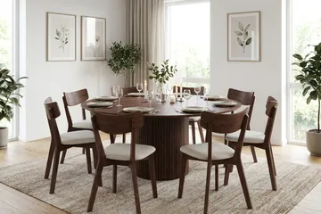 Kopparbo-ruokailuryhmä, pyöreä 180 cm:n pähkinänvärinen pöytä ja 8 pehmustettua Amelia-ruokapöydän tuolia - Pähkinä - Huonekalut - Pöytä & ruokailuryhmä - Ruokailuryhmä