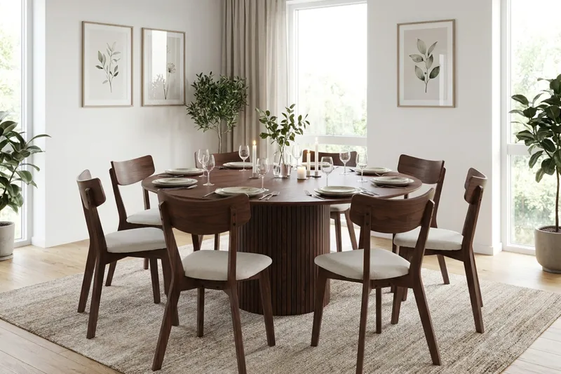 Kopparbo-ruokailuryhmä, pyöreä 180 cm:n pähkinänvärinen pöytä ja 8 pehmustettua Amelia-ruokapöydän tuolia - Pähkinä/Beige - Huonekalut - Pöytä & ruokailuryhmä - Ruokailuryhmä