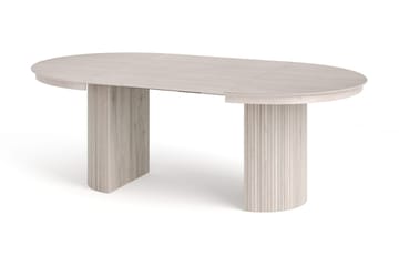 Kopparbo-ruokailuryhmä, pyöreä jatkettava 120–220 cm:n valkokuultokäsitelty pöytä ja 4 pehmustettua Amelia-ruokapöydän tuolia - Valkokuultoinen/beige - Huonekalut - Pöytä & ruokailuryhmä - Ruokailuryhmä