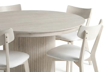 Kopparbo-ruokailuryhmä, pyöreä jatkettava 120–220 cm:n valkokuultokäsitelty pöytä ja 4 pehmustettua Amelia-ruokapöydän tuolia - Valkokuultoinen/beige - Huonekalut - Pöytä & ruokailuryhmä - Ruokailuryhmä
