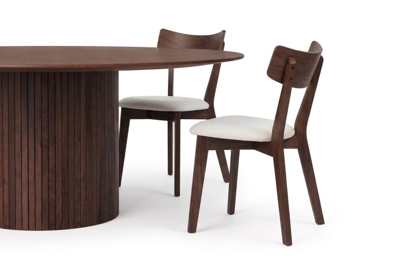 Kopparbo-ruokailuryhmä, pyöreä 180 cm:n pähkinänvärinen pöytä ja 8 pehmustettua Amelia-ruokapöydän tuolia - Pähkinä/Beige - Huonekalut - Pöytä & ruokailuryhmä - Ruokailuryhmä