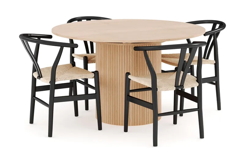 Kopparbo Ruokailuryhmä 130 cm Pyöreä Jatkettava, 4 Dastoori Ruokatuolia, Whitewash