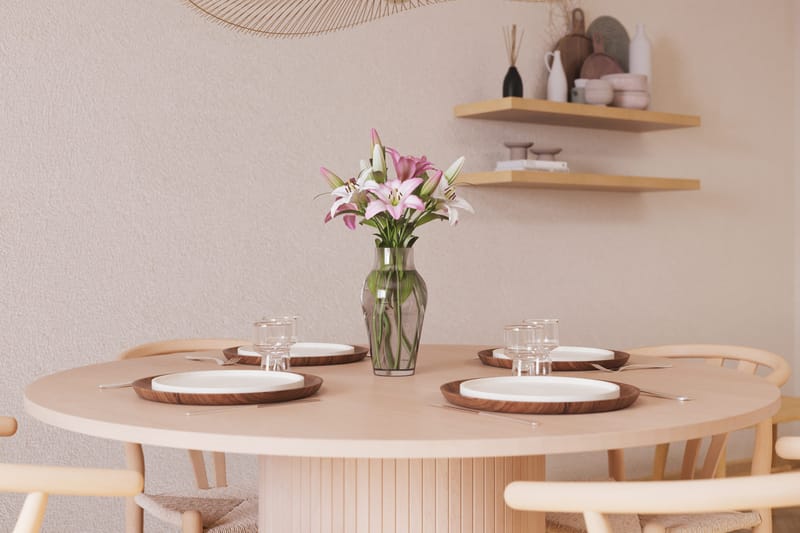 Kopparbo Ruokailuryhmä 130 cm Pyöreä ja 4 Dastoori Tuolia - Beige - Huonekalut - Pöytä & ruokailuryhmä - Ruokailuryhmä