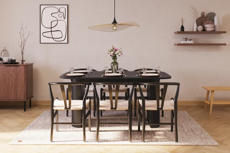 Kopparbo Ruokailuryhmä 160 cm ja 6 Dastoori Tuolia - Musta - Huonekalut - Pöytä & ruokailuryhmä - Ruokailuryhmä
