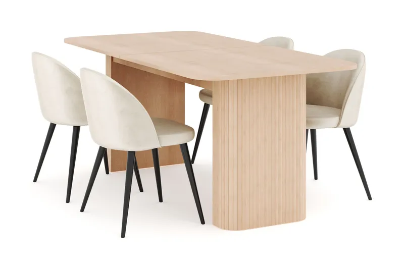 Kopparbo Ruokailuryhmä 180-240 cm Jatkettava, 4 Valeri Samettituolia, Whitewash