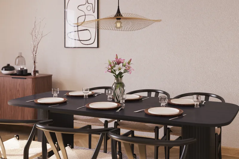 Kopparbo Ruokailuryhmä 200 cm ja 6 Dastoori Tuolia - Musta - Huonekalut - Pöytä & ruokailuryhmä - Ruokailuryhmä