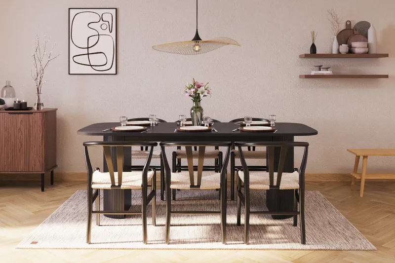 Kopparbo Ruokailuryhmä 200 cm ja 6 Dastoori Tuolia - Musta - Huonekalut - Pöytä & ruokailuryhmä - Ruokailuryhmä