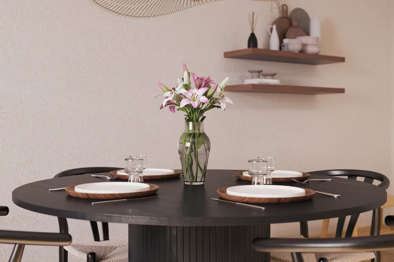 Kopparbo Ruokailuryhmä jatkettava 130-180 cm Pyöreä ja 4 Dastoori Tuolia - Musta - Huonekalut - Pöytä & ruokailuryhmä - Ruokailuryhmä