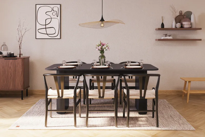 Kopparbo Ruokailuryhmä jatkettava 180-240 cm ja 6 Dastoori Tuolia - Musta - Huonekalut - Pöytä & ruokailuryhmä - Ruokailuryhmä