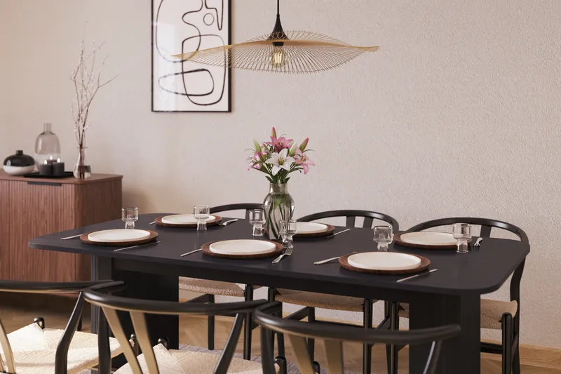 Kopparbo Ruokailuryhmä jatkettava 180-240 cm ja 6 Dastoori Tuolia - Musta - Huonekalut - Pöytä & ruokailuryhmä - Ruokailuryhmä