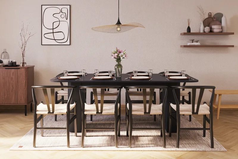 Kopparbo Ruokailuryhmä jatkettava 200-260 cm ja 8 Dastoori Tuolia - Musta - Huonekalut - Pöytä & ruokailuryhmä - Ruokailuryhmä