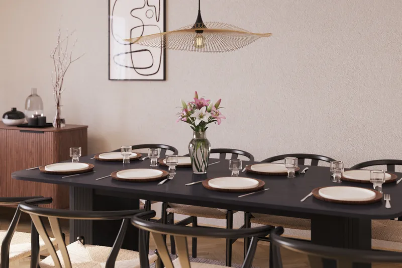 Kopparbo Ruokailuryhmä jatkettava 200-260 cm ja 8 Dastoori Tuolia - Musta - Huonekalut - Pöytä & ruokailuryhmä - Ruokailuryhmä