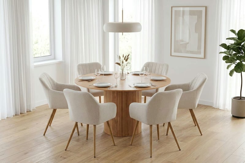 Kopparbo-ruokailuryhmä pyöreä 130 cm tammi, 6 Filippa-ruokatuolia - Tammi - Huonekalut - Pöytä & ruokailuryhmä - Ruokailuryhmä