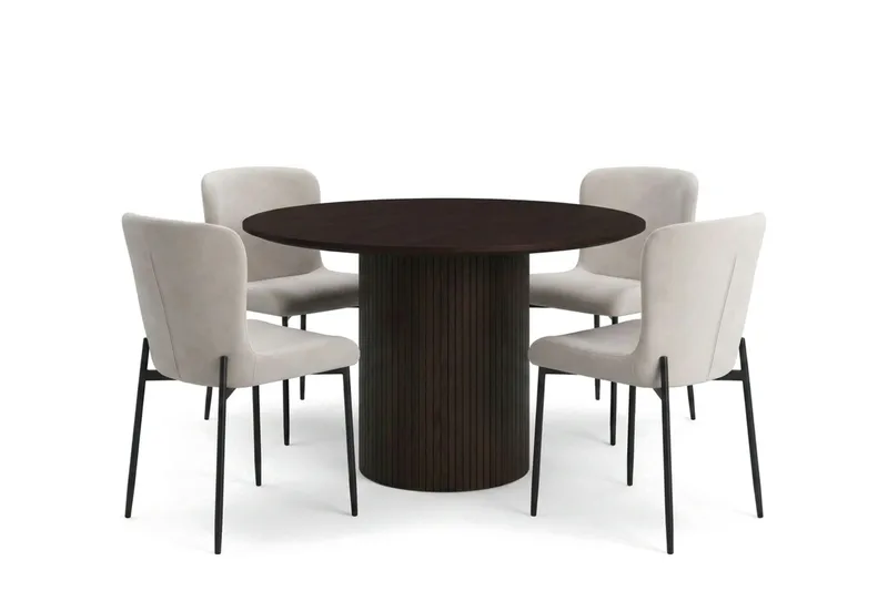 Kopparbo-ruokailuryhmä pyöreä 110 cm savustettu tammi, 4 Elsie-ruokailutuolia, Savustettu tammi/Beige