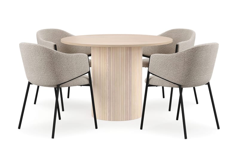 Kopparbo Ruokapöytä 106 cm 4 Filip Ruokatuolilla, Valkoinen / Taupe Bouclé