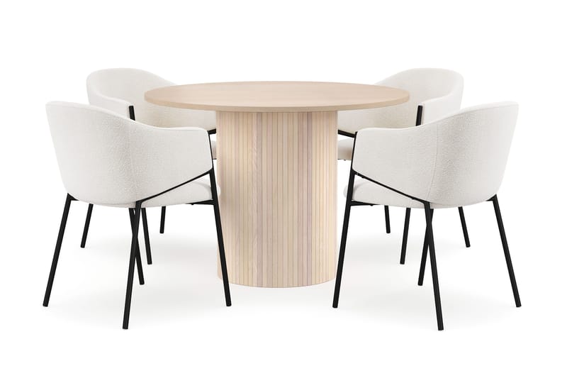 Kopparbo Ruokapöytä 106 cm 4 Filip Ruokatuolilla, Valkoinen / Valkoinen Bouclé