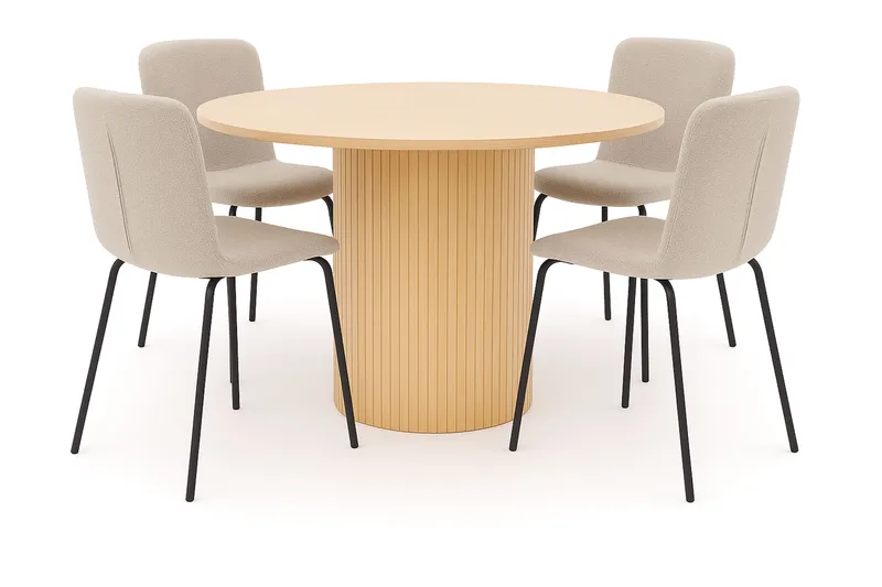 Kopparbo Ruokapöytä 106 cm 4 Katy Ruokatuolilla, Valkoinen / Greige Bouclé / Metallijalat Musta