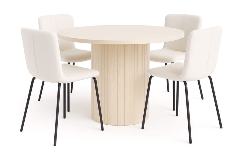 Kopparbo Ruokapöytä 106 cm 4 Katy Ruokatuolilla, Valkoinen / Valkoinen Bouclé / Metallijalat Musta