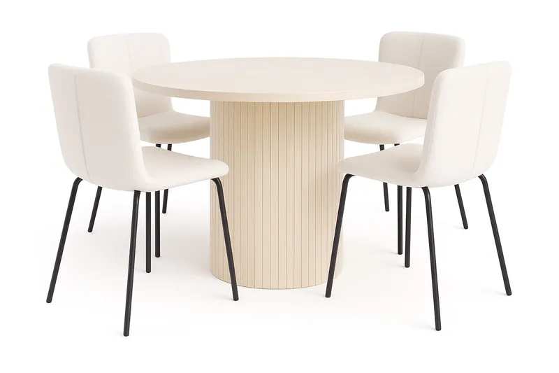 Kopparbo Ruokapöytä 106 cm 4 Katy Ruokatuolilla, Valkoinen / Valkoinen Bouclé / Metallijalat Musta