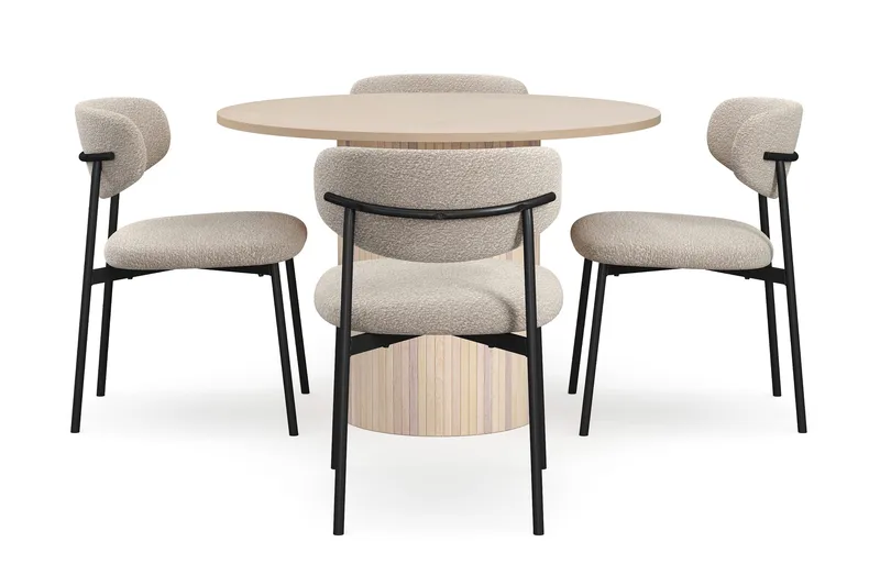 Kopparbo Ruokapöytä 106 cm 4 Lucy Ruokatuolilla - Valkoinen / Greige Bouclé / Metallijalat Musta - Huonekalut - Pöytä & ruokailuryhmä - Ruokailuryhmä