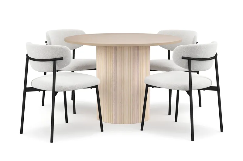 Kopparbo Ruokapöytä 106 cm 4 Lucy Ruokatuolilla, Valkoinen / Valkoinen Bouclé / Metallijalat Musta