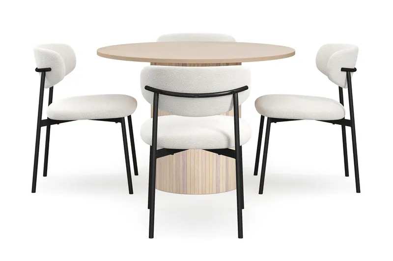 Kopparbo Ruokapöytä 106 cm 4 Lucy Ruokatuolilla - Valkoinen / Valkoinen Bouclé / Metallijalat Musta - Huonekalut - Pöytä & ruokailuryhmä - Ruokailuryhmä