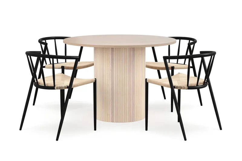 Kopparbo Ruokapöytä 106 cm 4 Winston Ruokatuolilla, Valkoinen / Beige / Metallijalat Musta