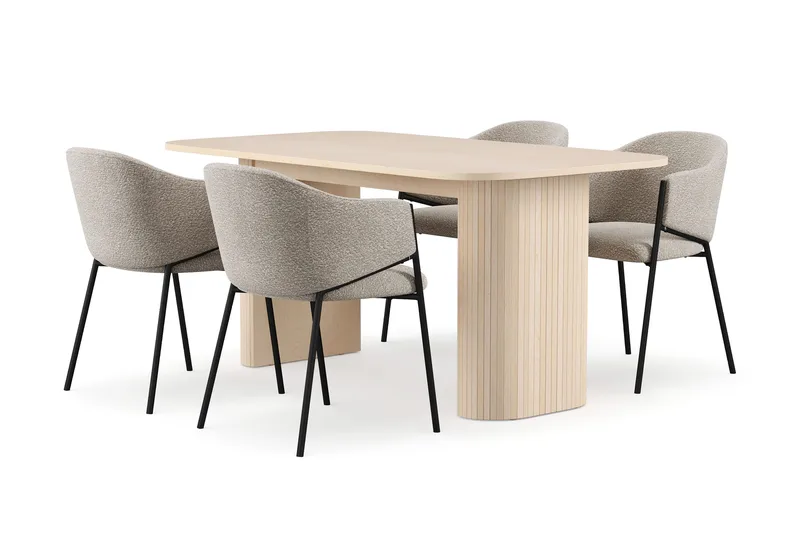 Kopparbo Ruokapöytä 160 cm 4 Filip Ruokatuolilla, Valkoinen / Taupe Bouclé