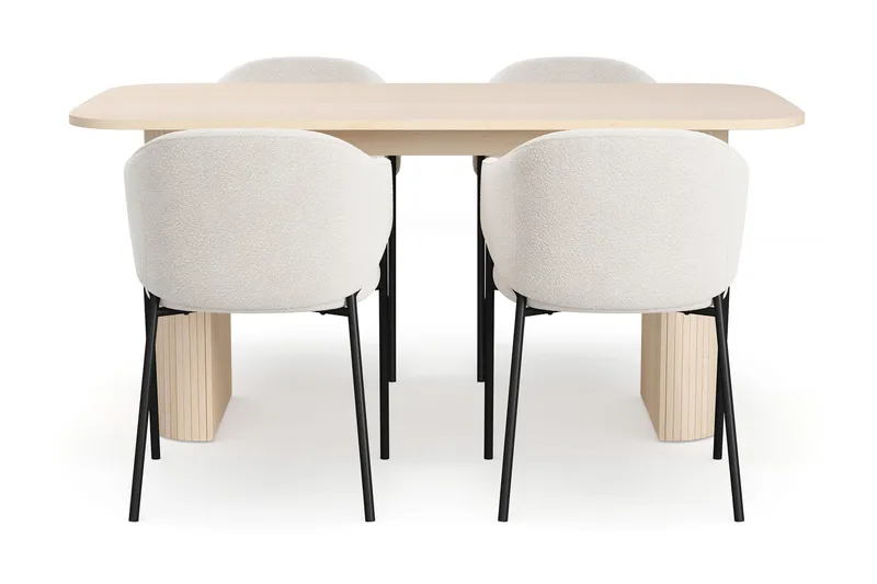 Kopparbo Ruokapöytä 160 cm 4 Filip Ruokatuolilla - Valkoinen / Valkoinen Bouclé - Huonekalut - Pöytä & ruokailuryhmä - Ruokailuryhmä