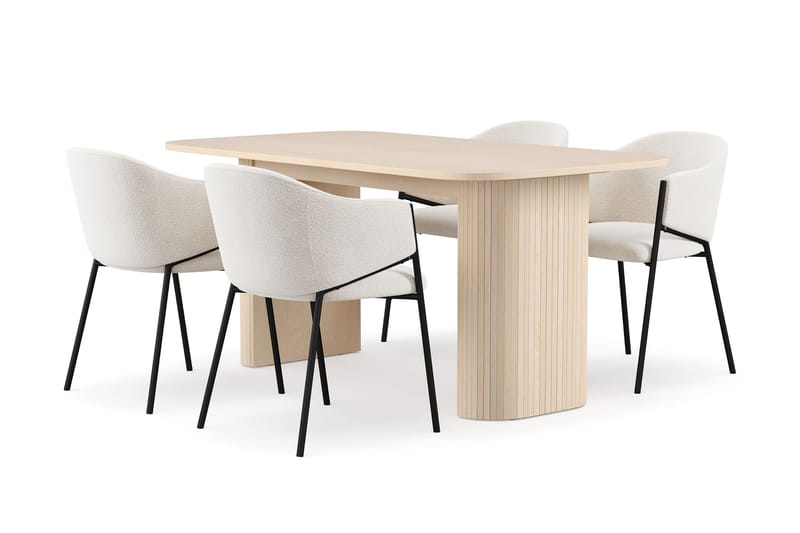 Kopparbo Ruokapöytä 160 cm 4 Filip Ruokatuolilla, Valkoinen / Valkoinen Bouclé