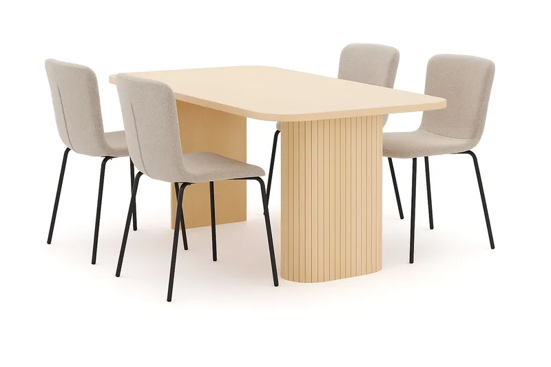 Kopparbo Ruokapöytä 160 cm 4 Katy Ruokatuolilla, Valkoinen / Greige Bouclé / Metallijalat Musta