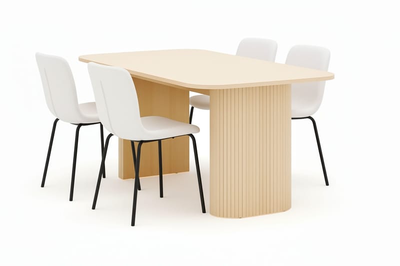 Kopparbo Ruokapöytä 160 cm 4 Katy Ruokatuolilla, Valkoinen / Valkoinen Bouclé / Metallijalat Musta