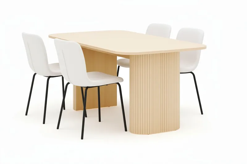 Kopparbo Ruokapöytä 160 cm 4 Katy Ruokatuolilla, Valkoinen / Valkoinen Bouclé / Metallijalat Musta