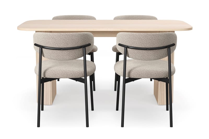 Kopparbo Ruokapöytä 160 cm 4 Lucy Ruokatuolilla - Valkoinen / Greige Bouclé / Metallijalat Musta - Huonekalut - Pöytä & ruokailuryhmä - Ruokailuryhmä