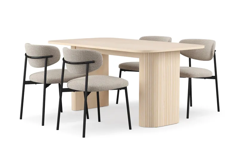 Kopparbo Ruokapöytä 160 cm 4 Lucy Ruokatuolilla, Valkoinen / Greige Bouclé / Metallijalat Musta