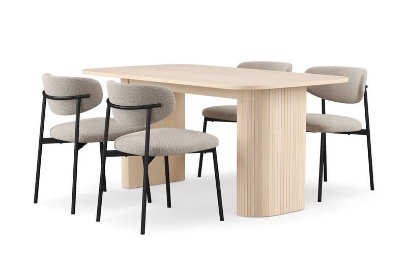 Kopparbo Ruokapöytä 160 cm 4 Lucy Ruokatuolilla, Valkoinen / Greige Bouclé / Metallijalat Musta