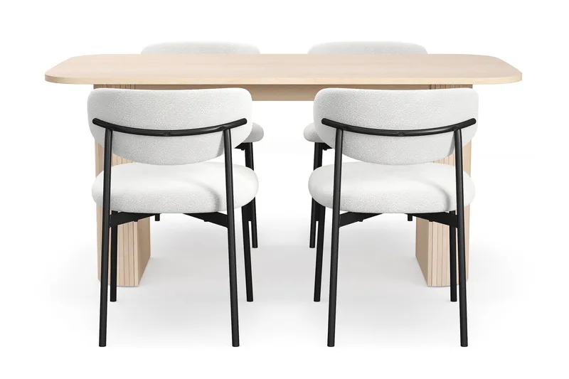 Kopparbo Ruokapöytä 160 cm 4 Lucy Ruokatuolilla - Valkoinen / Valkoinen Bouclé / Metallijalat Musta - Huonekalut - Pöytä & ruokailuryhmä - Ruokailuryhmä