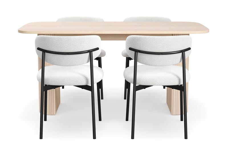 Kopparbo Ruokapöytä 160 cm 4 Lucy Ruokatuolilla - Valkoinen / Valkoinen Bouclé / Metallijalat Musta - Huonekalut - Pöytä & ruokailuryhmä - Ruokailuryhmä