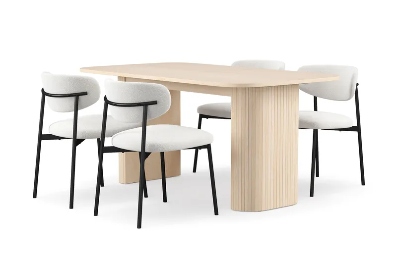 Kopparbo Ruokapöytä 160 cm 4 Lucy Ruokatuolilla, Valkoinen / Valkoinen Bouclé / Metallijalat Musta