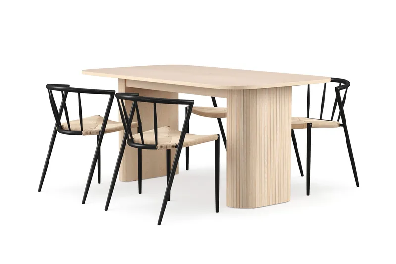 Kopparbo Ruokapöytä 160 cm 4 Winston Ruokatuolilla, Valkoinen / Beige / Metallijalat Musta