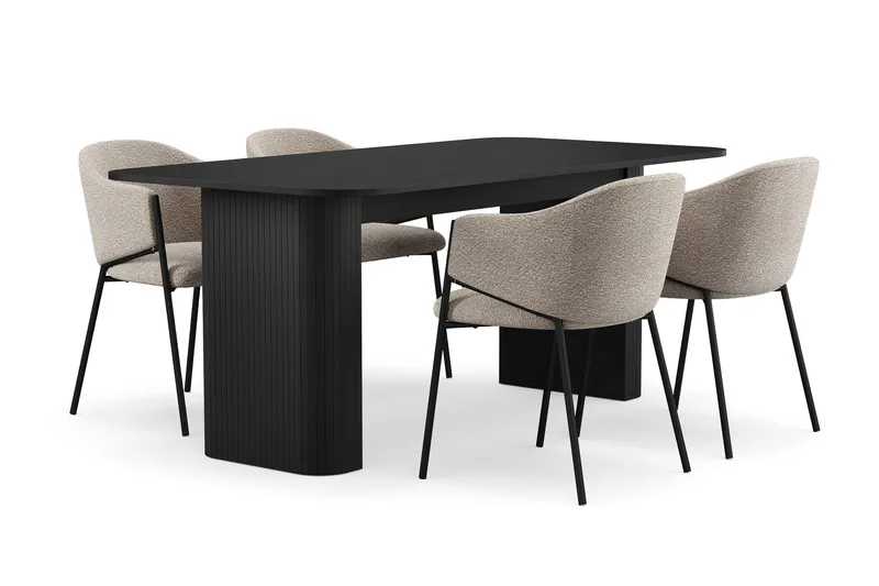Kopparbo Ruokapöytä 180-240 cm Jatkettava 4 Filip Ruokatuolilla, Musta / Taupe Bouclé