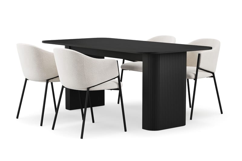 Kopparbo Ruokapöytä 180-240 cm Jatkettava 4 Filip Ruokatuolilla, Musta / Valkoinen Bouclé