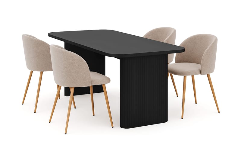 Kopparbo Ruokapöytä 180-240 cm Jatkettava 4 Greya Ruokatuolia käsinojilla, Musta / Greige Bouclé / Metallijalat Tammi