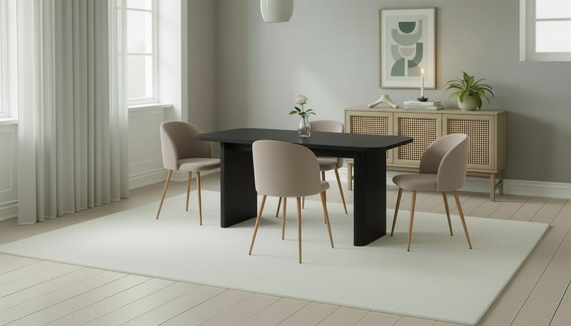 Kopparbo Ruokapöytä 180-240 cm Jatkettava 4 Greya Ruokatuolia käsinojilla - Musta / Greige Bouclé / Metallijalat Tammi - Huonekalut - Pöytä & ruokailuryhmä - Ruokailuryhmä