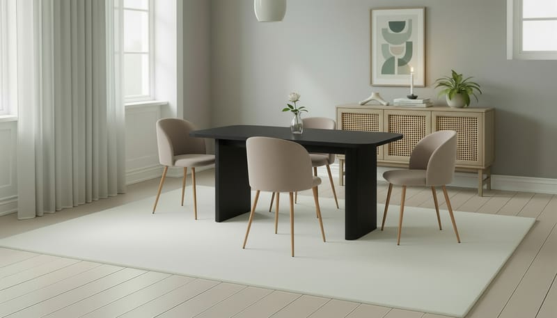 Kopparbo Ruokapöytä 180-240 cm Jatkettava 4 Greya Ruokatuolia käsinojilla - Musta / Greige Bouclé / Metallijalat Tammi - Huonekalut - Pöytä & ruokailuryhmä - Ruokailuryhmä