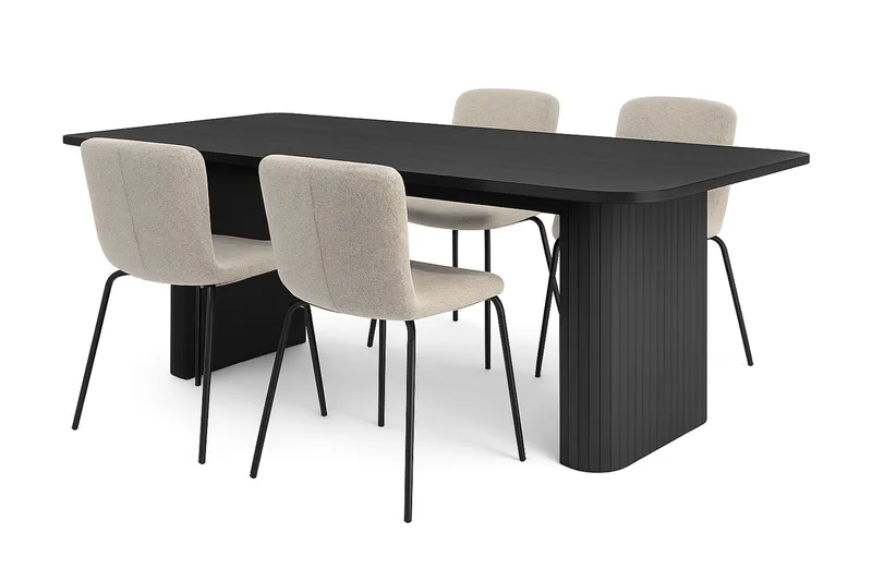 Kopparbo Ruokapöytä 180-240 cm Jatkettava 4 Katy Ruokatuolilla, Musta / Greige Bouclé / Metallijalat Musta