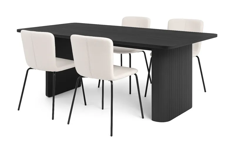 Kopparbo Ruokapöytä 180-240 cm Jatkettava 4 Katy Ruokatuolilla, Musta / Valkoinen Bouclé / Metallijalat Musta