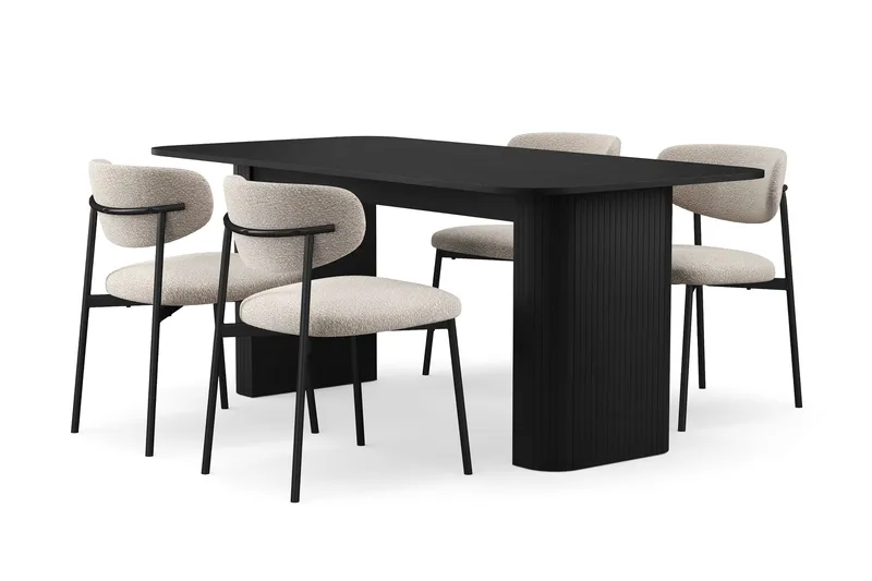 Kopparbo Ruokapöytä 180-240 cm Jatkettava 4 Lucy Ruokatuolilla, Musta / Greige Bouclé / Metallijalat Musta